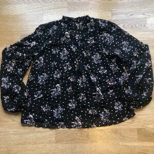 Urban Romantics Black Floral Top Mockneck Metallic Gold Puff Sleeve Small